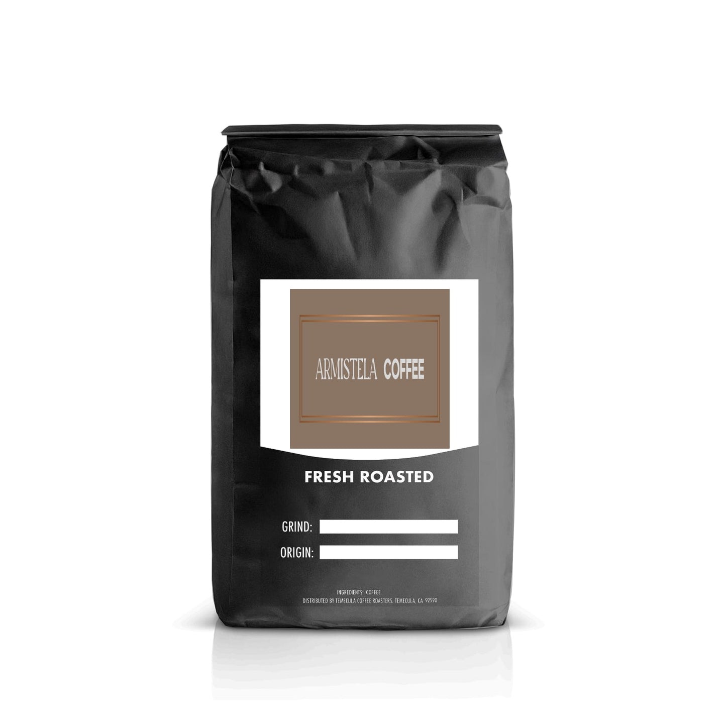 Black coffee bag with a logo and text on a white background